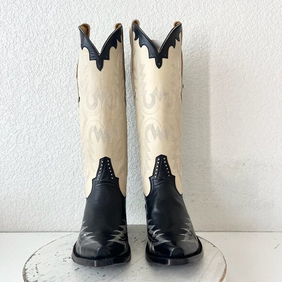 Rod Patrick Womens Cowboy Boots 8C Black Ivory Western Cowgirl Tall Pointed Toe - Picture 5 of 14